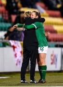 30 November 2021; Kyra Carusa with Republic of Ireland manager Vera Pauw during the FIFA Women's World Cup 2023 qualifying group A match between Republic of Ireland and Georgia at Tallaght Stadium in Dublin. Photo by Stephen McCarthy/Sportsfile