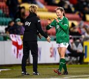 30 November 2021; Kyra Carusa with Republic of Ireland manager Vera Pauw during the FIFA Women's World Cup 2023 qualifying group A match between Republic of Ireland and Georgia at Tallaght Stadium in Dublin. Photo by Stephen McCarthy/Sportsfile