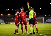 30 November 2021; Maiko Bebia of Georgia, left, is shown a red card by referee Jurgita Macikunyte during the FIFA Women's World Cup 2023 qualifying group A match between Republic of Ireland and Georgia at Tallaght Stadium in Dublin. Photo by Stephen McCarthy/Sportsfile