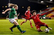 30 November 2021; Amber Barrett of Republic of Ireland in action against Tamari Tatuashvili of Georgia during the FIFA Women's World Cup 2023 qualifying group A match between Republic of Ireland and Georgia at Tallaght Stadium in Dublin. Photo by Stephen McCarthy/Sportsfile