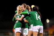 30 November 2021; Denise O'Sullivan of Republic of Ireland, left, celebrates after scoring her side's sixth goal with team-mates including Megan Connolly during the FIFA Women's World Cup 2023 qualifying group A match between Republic of Ireland and Georgia at Tallaght Stadium in Dublin. Photo by Stephen McCarthy/Sportsfile
