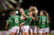 30 November 2021; Denise O'Sullivan of Republic of Ireland is lifted in celebration by team-mate Katie McCabe after scoring her side's sixth goal during the FIFA Women's World Cup 2023 qualifying group A match between Republic of Ireland and Georgia at Tallaght Stadium in Dublin. Photo by Stephen McCarthy/Sportsfile