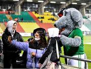 30 November 2021; Supporters with Republic of Ireland mascot Macul during the FIFA Women's World Cup 2023 qualifying group A match between Republic of Ireland and Georgia at Tallaght Stadium in Dublin. Photo by Eóin Noonan/Sportsfile