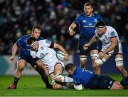 27 November 2021; Greg Jones of Ulster in action against Tadhg Furlong, right, and Ed Byrne of Leinster during the United Rugby Championship match between Leinster and Ulster at RDS Arena in Dublin.  Photo by Piaras Ó Mídheach/Sportsfile