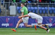 1 December 2021; Tim Cotter of Gonzaga is tackled by Sam Nolan of Presentation College during the Bank of Ireland Leinster Rugby Schools Senior League Division 1A Semi-Final match between Presentation College, Bray and Gonzaga at Energia Park in Dublin. Photo by Brendan Moran/Sportsfile