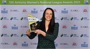 1 December 2021; Áine O'Gorman of Peamount United with her Evoke.ie Golden Boot award during the 2021 SSE Airtricity Women's National League Awards at Castleknock Hotel in Dublin. Photo by Piaras Ó Mídheach/Sportsfile