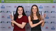 1 December 2021; Michaela Lawrence of Treaty United, left, with her U17 Player of the Year award alongside Abbie Callanan of Galway Women's FC with her U19 Player of the Year award during the 2021 SSE Airtricity Women's National League Awards at Castleknock Hotel in Dublin. Photo by Piaras Ó Mídheach/Sportsfile