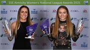 1 December 2021; Kylie Murphy of Wexford Youths, left, with her Player of the Year award and Team of the Year award alongside Aoibheann Clancy of Wexford Youths with her Young Player of the Year award and Team of the Year award during the 2021 SSE Airtricity Women's National League Awards at Castleknock Hotel in Dublin. Photo by Piaras Ó Mídheach/Sportsfile