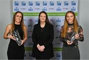 1 December 2021; Áine Plunkett of SSE Airtricity with Kylie Murphy of Wexford Youths, left, with her Player of the Year award and Aoibheann Clancy of Wexford Youths with her Young Player of the Year award during the 2021 SSE Airtricity Women's National League Awards at Castleknock Hotel in Dublin. Photo by Piaras Ó Mídheach/Sportsfile