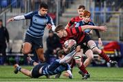 1 December 2021; Zach Furlong of Kilkenny College is tackled by Ross O'Connor of Castleknock College during the Bank of Ireland Leinster Rugby Schools Senior League Division 1A Semi-Final match between Castleknock College and Kilkenny College at Energia Park in Dublin. Photo by Brendan Moran/Sportsfile