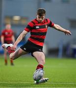 1 December 2021; Sean Naughton of Kilkenny College kicks a conversion during the Bank of Ireland Leinster Rugby Schools Senior League Division 1A Semi-Final match between Castleknock College and Kilkenny College at Energia Park in Dublin. Photo by Brendan Moran/Sportsfile