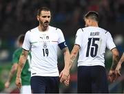 15 November 2021; Leonardo Bonucci, left, and Francesco Acerbi of Italy during the FIFA World Cup 2022 Qualifier match between Northern Ireland and Italy at the National Football Stadium at Windsor Park in Belfast. Photo by David Fitzgerald/Sportsfile