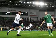 15 November 2021; Domenico Berardi of Italy in action against Craig Cathcart of Northern Ireland during the FIFA World Cup 2022 Qualifier match between Northern Ireland and Italy at the National Football Stadium at Windsor Park in Belfast. Photo by David Fitzgerald/Sportsfile