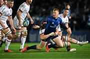 27 November 2021; Ciarán Frawley of Leinster passes as he's tackled by Nick Timoney of Ulster during the United Rugby Championship match between Leinster and Ulster at RDS Arena in Dublin.  Photo by Piaras Ó Mídheach/Sportsfile