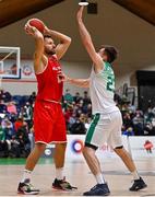 28 November 2021; Jozo Rados of Austria in action against Brian Fitzpatrick of Ireland during the FIBA EuroBasket 2025 Pre-Qualifiers First Round Group A match between Ireland and Austria at National Basketball Arena in Tallaght, Dublin. Photo by Brendan Moran/Sportsfile
