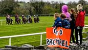 16 April 2021; Local children, from left, Will, age 4, and Annabelle Burke, age 5, and sisters Lauren, age 9, Chloe, age 10 and Emma Stagg, age 11, from Hollymount, Co Mayo, cheer on jockey Rachael Blackmore as she wins the McGrath Limestone Works Handicap Hurdle on Zoffanien at Ballinrobe Racecourse in Mayo. Photo by David Fitzgerald/Sportsfile