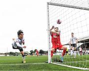 8 July 2021; Han Jeongwoo of Dundalk heads his side's fourth goal during the UEFA Europa Conference League first qualifying round first leg match between Dundalk and Newtown at Oriel Park in Dundalk, Louth. Photo by Stephen McCarthy/Sportsfile