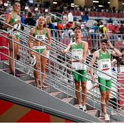 30 July 2021; The Ireland 4x400 mixed relay team, from left, Phil Healy, Sophie Becker, Christopher O'Donnell and Cillin Greene after their heat of the 4x400 metre mixed relay at the Olympic Stadium during the 2020 Tokyo Summer Olympic Games in Tokyo, Japan. Photo by Stephen McCarthy/Sportsfile