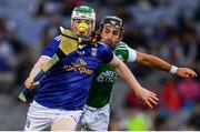 31 July 2021; Caoimhín Carney of Cavan is tackled by Barney  McAuley of Fermanagh during the Lory Meagher Cup Final match between Fermanagh and Cavan at Croke Park in Dublin.  Photo by Ray McManus/Sportsfile