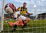 12 August 2021; Matúš Bero of Vitesse scores his side's first goal, past Dundalk goalkeeper Alessio Abibi, during the UEFA Europa Conference League third qualifying round second leg match between Dundalk and Vitesse at Tallaght Stadium in Dublin. Photo by Seb Daly/Sportsfile
