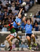 14 August 2021; Brian Fenton, left, and Paddy Small of Dublin compete for possession with Matthew Ruane, left, and Michael Plunkett of Mayo during the GAA Football All-Ireland Senior Championship semi-final match between Dublin and Mayo at Croke Park in Dublin. Photo by Ramsey Cardy/Sportsfile
