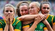 5 September 2021; Meath players, from left, Katie Newe, Emma Duggan, Vikki Wall and Máire O'Shaughnessy celebrate after the TG4 All-Ireland Ladies Senior Football Championship Final match between Dublin and Meath at Croke Park in Dublin. Photo by Brendan Moran/Sportsfile