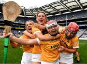 12 September 2021; Antrim players, from left, Niamh Anne Donnelly, Becky Ellis, goalkeeper Catrina Graham and Maria Lynn of Antrim celebrate after their side's victory in the the All-Ireland Intermediate Camogie Championship Final match between Antrim and Kilkenny at Croke Park in Dublin. Photo by Ben McShane/Sportsfile