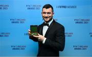 3 December 2021; Ryan Brennan of Shelbourne with his First Division team of the year award during the PFA Ireland Awards at The Marker Hotel in Dublin. Photo by Stephen McCarthy/Sportsfile