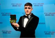 3 December 2021; Dawson Devoy of Bohemians with his Premier Division team of the year award during the PFA Ireland Awards at The Marker Hotel in Dublin. Photo by Stephen McCarthy/Sportsfile