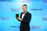 3 December 2021; Brendan Clarke of Shelbourne with his First Division team of the year award during the PFA Ireland Awards at The Marker Hotel in Dublin. Photo by Stephen McCarthy/Sportsfile