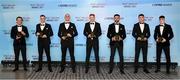 3 December 2021; Premier Division team of the year, from left, James Brown of Drogheda United, Chris Forrester of St Patricks Athletic, Georgie Kelly of Bohemians, Rory Gaffney, Roberto Lopes of Shamrock Rovers, Ronan Boyce of Derry City and Dawson Devoy of Bohemians with their awards during the PFA Ireland Awards at The Marker Hotel in Dublin. Photo by Stephen McCarthy/Sportsfile
