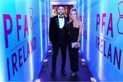 3 December 2021; Roberto Lopes of Shamrock Rovers with Leah O'Shaughnessy arriving before the PFA Ireland Awards at The Marker Hotel in Dublin. Photo by Stephen McCarthy/Sportsfile