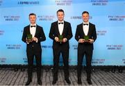 3 December 2021; Shelbourne players, from left, John Ross Wlson, Brendan Clarke and Luke Byrne with their First Division team of the year awards during the PFA Ireland Awards at The Marker Hotel in Dublin. Photo by Stephen McCarthy/Sportsfile