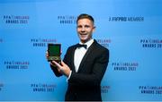 3 December 2021; Luke Byrne of Shelbourne with his First Division team of the year award during the PFA Ireland Awards at The Marker Hotel in Dublin. Photo by Stephen McCarthy/Sportsfile