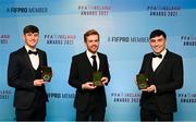 3 December 2021; UCD players with their First Division team of the year awards, from left, Colm Whelan, Paul Doyle and Liam Kerrigan during the PFA Ireland Awards at The Marker Hotel in Dublin. Photo by Stephen McCarthy/Sportsfile