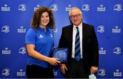 3 December 2021; Jenny Murphy is presented with the 'Leinster Women's Rugby, Player of the Series 2021' by Eugene Noble, Chair of the Women's Committee, during the Leinster Rugby Womens Cap and Jersey Presentation at the RDS Library in Dublin. Photo by Sam Barnes/Sportsfile