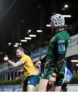 3 December 2021; Mack Hansen of Connacht celebrates after scoring his side's first try during the United Rugby Championship match between Leinster and Connacht at the RDS Arena in Dublin. Photo by Ramsey Cardy/Sportsfile
