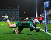 3 December 2021; Mack Hansen of Connacht scores his side's first try during the United Rugby Championship match between Leinster and Connacht at the RDS Arena in Dublin. Photo by Ramsey Cardy/Sportsfile