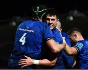 3 December 2021; Dan Sheehan of Leinster, right, is congratulated by team-mate Ryan Baird after scoring his side's third try during the United Rugby Championship match between Leinster and Connacht at the RDS Arena in Dublin. Photo by Sam Barnes/Sportsfile