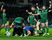 3 December 2021; Connacht players including Kieran Marmion, right, and Jack Carty celebrate after Sammy Arnold, bottom, scored their side's second try during the United Rugby Championship match between Leinster and Connacht at the RDS Arena in Dublin. Photo by Ramsey Cardy/Sportsfile