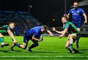 3 December 2021; Jordan Larmour of Leinster scores his side's fourth try despite the attempts of Peter Robb and Jack Carty of Connacht during the United Rugby Championship match between Leinster and Connacht at the RDS Arena in Dublin. Photo by Brendan Moran/Sportsfile