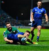 3 December 2021; Jordan Larmour of Leinster scores his side's fourth try despite the attempted tackle from Jack Carty of Connacht during the United Rugby Championship match between Leinster and Connacht at the RDS Arena in Dublin. Photo by Brendan Moran/Sportsfile