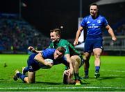 3 December 2021; Jordan Larmour of Leinster scores his side's fourth try despite the attempted tackle from Jack Carty of Connacht during the United Rugby Championship match between Leinster and Connacht at the RDS Arena in Dublin. Photo by Brendan Moran/Sportsfile