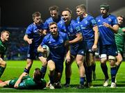 3 December 2021; Jordan Larmour of Leinster is congratulated by team-mates after scoring their side's fourth try during the United Rugby Championship match between Leinster and Connacht at the RDS Arena in Dublin. Photo by Brendan Moran/Sportsfile