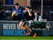 3 December 2021; Dan Sheehan of Leinster skips past the attempted tackle of Mack Hansen of Connacht on his way to scoring his side's third try during the United Rugby Championship match between Leinster and Connacht at the RDS Arena in Dublin. Photo by Brendan Moran/Sportsfile