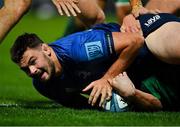 3 December 2021; Max Deegan of Leinster scores his side's seventh try during the United Rugby Championship match between Leinster and Connacht at the RDS Arena in Dublin. Photo by Brendan Moran/Sportsfile