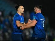 3 December 2021; James Lowe, left, and Rónan Kelleher of Leinster celebrate after the United Rugby Championship match between Leinster and Connacht at the RDS Arena in Dublin. Photo by Sam Barnes/Sportsfile