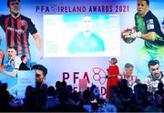 3 December 2021; PFA Ireland Irish Overseas Player of the Year Gavin Bazunu of Manchester City but on loan at Portsmouth, his award is collected by his mother Cara Farrelly during the PFA Ireland Awards at The Marker Hotel in Dublin. Photo by Stephen McCarthy/Sportsfile