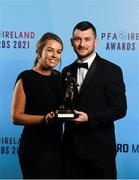 3 December 2021; PFA Ireland First Division Player of the Year Ryan Brennan of Shelbourne and Stephanie Kirwan with his award during the PFA Ireland Awards at The Marker Hotel in Dublin. Photo by Stephen McCarthy/Sportsfile