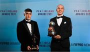 3 December 2021; PFA Ireland Player of the Year Award Georgie Kelly of Bohemians with his award, right, and Head in the Game Young Player of the Year Dawson Devoy of Bohemians with his award during the PFA Ireland Awards at The Marker Hotel in Dublin. Photo by Stephen McCarthy/Sportsfile